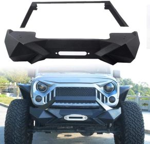 Front Bumper with Winch Plate Compatible with Wrangler JK (2007-2018) - Heavy Duty Black Textured Manganese Steel Construction